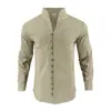 Camisa Masculina de Linho com Gola Alta e Manga Longa Henley com Botões Manga Dobrável Top Praia Casual Europeu Americano Roupa Masculina Transfronteiriça