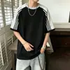 Camiseta de Manga Corta a Rayas de Bloques de Color Estilo Coreano 100% Algodón Pesado Unisex Holgada Deportiva Casual para Verano