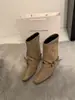 Primer Encuentro Ji Botines Cortos de Gamuza Caqui Estilo Retro Botas para Mujer Botas Francesas Otoño Diseño de Nicho Botas de Tacón Cuadrado Western