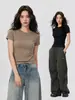 Camiseta de Manga Corta de Color Sólido para Mujer, Cuello Redondo, Nuevo Estilo de Verano, Versátil, Hombro Normal, Ceñida a la Cintura, Camisa Base Ajustada