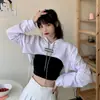 1682# Nuevo Sudadera con Capucha Fina Ultracorta para Mujer 2024 Cintura Alta Holgada Ombligo Street Dance Versátil Baile