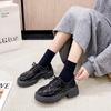 Sapatos Pequenos de Couro Pretos com Solado Grosso, Versáteis, de Cadarço, para Mulheres, Novidade Primavera 2025, Estilo Britânico Retrô, Salto Grosso, Sapatos Loafer de Solado Grosso