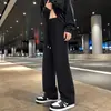 Calça de moletom masculina estilo americano preta, tops para primavera e outono, conjunto completo com camiseta de manga longa, conjunto versátil de moletom com gola redonda, feito sob medida