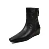 Botines Cuadrados de Cuero Nappa Aceitoso de Primera Capa con Tacón Oculto para Mujer, Botines Adelgazantes con Cremallera Trasera, Tacón Medio, Cuero Genuino, Botines Cortos de Moda para Mujer