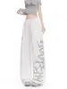 Pantalones de Chándal Anchos Casuales para Mujer con Letras de Pedrería Estilo Retro Americano Color Sólido Simple Holgados Adelgazantes Versátiles de Pierna Ancha