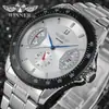 Popular Moda Europeia e Americana Vencedor Masculino Estiloso Casual Calendário Esqueleto Pulseira de Aço Semi-Automático Mecânico Roxo