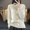 Cárdigan de punto sin costuras de una pieza para otoño e invierno, cuello en V, 100% lana tejida, color liso, chaqueta superior de estilo coreano simple para mujer