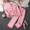 Ropa Transfronteriza para Niños Grandes 2025 Otoño Nuevo Europeo y Americano Color Sólido Cuello en V Mangas Largas Tops Pantalones Casuales Traje Elegante