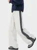 Calça de Moletom Listrada Retrô para Homens, Colete Acolchoado Tendência Casal Primavera e Outono, Calça Longa Casual Solta de Perna Larga High Street