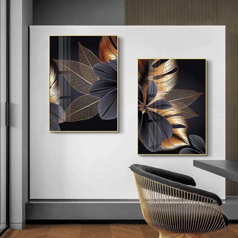 Noir-dor-plante-feuille-toile-
