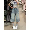 Shorts jeans estilo retrô americano com estampa de estrelas desgastada para mulheres, calça cropped solta de verão plus size