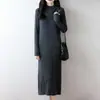 Vestido de punto de lana 100% de cuello alto, longitud media hasta la rodilla para mujer, jersey de manga larga, color liso, vestido recto de una sola pieza