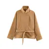 Venta al por mayor transfronteriza de ropa para mujer: Chaqueta de trabajo de ante sintético, elegante y sencilla, de manga larga, cuello alto y cinturón, 2026