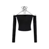 Camiseta Básica Puramente Atractiva de Hombros Descubiertos con Bloques de Color para Mujer, Verano 2026, Top Sexy de Manga Larga con Cuello Halter Off-Shoulder