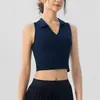 Colete esportivo feminino com bojo embutido, copas fixas, gola polo, sem mangas, justo, top fitness, top de tênis