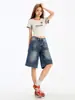 Shorts de Mezclilla Anchos de Tiro Bajo Vintage Desgastados para Mujer, Verano 2026, Shorts de Longitud Media Rectos Sueltos de Línea A de Moda