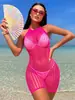 Ropa de Protección Solar para Playa de Cuadrícula Rojo Rosado para Mujeres Europeas y Americanas Cubre-traje Hueco Transparente Body Ropa Ajustada de Red para Pescar
