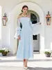 Vestido azul claro de hombros descubiertos para Amazon transfronterizo, estilo delicado, cuello halter, ceñido a la cintura, vestido ligero para fiesta anual
