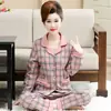 Pijama de Algodón Puro para Madre de Mediana Edad para Mujer, Manga Larga para Primavera y Otoño, Talla Grande, Traje Cárdigan para Mujer, Ropa para el Hogar para Personas de Mediana Edad y Mayores en Verano