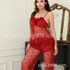 Ropa Interior Sexy Nueva Estilo Transfronteriza Europea y Americana Conjunto de Dos Piezas de Camisón Sexy de Encaje para Mujer con Tirantes y Pantalones Largos Transparentes
