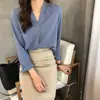 Camisa de Cuello V Suave y Elegante de Nuevo Estilo para Mujer, Primavera y Otoño 2026, Top de Manga Larga, Camisa Base de Color Sólido de Gasa Estilo Coreano para Mujer