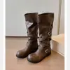 Botas de Caballero Altas con Cinturón Vintage, Nuevo Otoño/Invierno 2026, Botas Vaqueras con Hebilla, Botas de Moda Western Plisadas para Uso en Exteriores