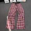 Pantalones a Cuadros Rojos Estilo Retro Americano para Hombre, Nuevo Estilo Otoño, Pantalones a Cuadros Plegados Bloque de Color, Pantalones Largos Rectos Acampanados