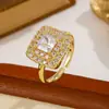 Anillo Cuadrado de Doble Halo Corte Princesa Lujo Ligero para Mujer, Bicolor Oro y Plata, Abierto y Ajustable, Anillo Cuadrado de Circonia Cúbica de Brillo Deslumbrante