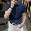 Camisa Casual de Manga Corta Azul de Alta Gama Sin Planchar con Caída Ajustada al Cuerpo para Hombre Sensación de Alta Gama Elástica de Negocios Sin Costuras de Seda Helada