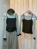 Camiseta Manga Longa Feminina Tendência Dongdaemun Coreano Outono Inverno Novo Estilo Coreano Slim Fit Bloco de Cores Falsa Duas Peças Patchwork Uma Manga
