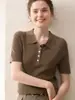 Suéter de punto jacquard trenzado de punto base de manga corta para mujer, 100% lana hilada fina del Yangtsé, cuello polo de manga corta