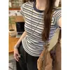 Camiseta de Algodón a Rayas Color Block Estilo Retro Americano para Mujer, Top de Algodón Puro para Verano con Hombro Normal, Corte Ajustado, Manga Corta Versátil y a la Moda