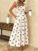 Vestido cruzado fresco y dulce para mujer con estampado de lazos, mangas acampanadas pequeñas, falda de volantes, escote cuadrado, cintura fruncida, vestido largo