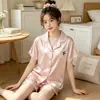 Pijama de seda de hielo para mujer, verano, manga corta, shorts, nuevo, color sólido, temperamento dulce de alta gama, traje de ropa para el hogar, foto real, venta al por mayor