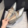 Sapatos Mary Jane Nicho Salto Baixo Bico Fino Botão de Fivela Prateado Boca Rasa 2025 Salto Elegante Primavera e Verão