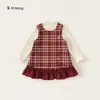 Bangxuan Huzhou Zhili Ropa Infantil Conjunto para Niñas Vestido Chaleco Cuadros Retro Camiseta de Manga Larga con Volantes Ropa Infantil