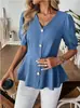 Nova Roupa Feminina Europeia e Americana Tk Transfronteiriça Camisa de Verão Elegante Decote V Mangas Curtas Bufantes Cor Sólida Efeito Emagrecedor Top com Forro