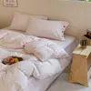 Juego de ropa de cama de cuatro piezas de gasa de doble capa de algodón puro, lujoso y de alta gama, funda de edredón 100% algodón, sábana, juego de cama estilo sábana ajustable 4