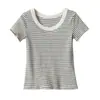 Camiseta de Algodão Fina com Clavícula Exposta, Gola Redonda Grande, Mangas Curtas, Top Listrado para Mulheres, Estilo Primavera/Verão, Armazém Japonês, Disponível para Atacado