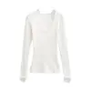 Camiseta de Manga Larga con Encaje de Encaje Puro Deseo, Cuello en V, Forro Polar, Nueva Moda Otoño e Invierno, Versátil, Corte Ajustado, Camiseta Básica Elegante para Mujer