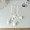 Meias de Renda Vazada Cor Sólida com Borda Franzida para Mulheres, Meias de Cano Médio, Meias de Algodão da Moda, Meias Longas Finas de Verão Estilo Ballet para Mulheres