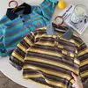 Polo a rayas color block con lindo bordado de cachorro, una elegante prenda de manga larga para niños y niñas, perfecta para el otoño