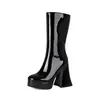 Botas Longas Femininas de Couro Patente Sola Grossa Salto Bloco Salto Super Alto Zíper Lateral Botas de Cano Alto Botas de Equitação Botas de Cano Alto Femininas Botas Martin