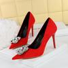9511-K59 Zapatos de tacón alto de aguja para banquetes de moda coreana, de gamuza, de boca baja, puntiagudos, con diamantes de imitación, de una sola capa, para mujer
