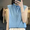 Camisa sin mangas de satén de acetato con cuello de encaje para mujer, nuevo top de punto liso de verano, blusa moderna y versátil