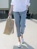 Pantalones de verano finos de pierna ancha para maternidad para mujeres petite, pantalones rectos holgados de nueve puntos, pantalones casuales de maternidad de talla grande con soporte para el vientre