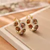 Pendientes de circón marrón brillante de alta gama, a la moda, de lujo ligero, exquisitos, elegantes joyas para la oreja, chapados en cobre con oro real, pendientes de botón estilo celebridad de internet