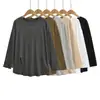 2603-26 Primavera Estilo Coreano Blusa Solta de Ombro a Ombro Top Esportivo com Mangas Longas Curvas e Barra com Fenda Camiseta Camada de Base