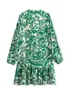 Ahora 2024 Estilo Europeo y Americano Nuevo Vestido Holgado de Manga Larga Verde Estampado para Mujer 1960