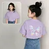 Camiseta de Manga Curta para Meninas Algodão Puro Verão Nova Chegada Crianças Crianças Mais Velhas Manga Meia Manga Solta Preto Estilo Verão Manga Meia Manga Top Estiloso